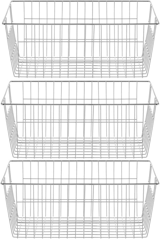 SANNO Freezer Baskets Wire Storage Baskets Closet Organization Baskets Bin Farmhouse Storage Bins Large Organizer Bins for Home, Office, Bathroom, Pantry -Set of 3, Chrome, 15.7" by SANNO