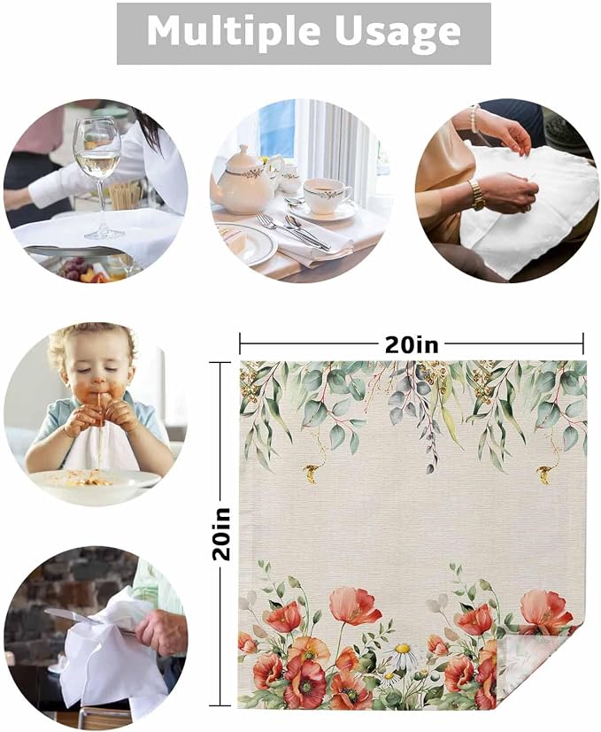 Eucalyptus Poppies Dinner Napkins Cloth Set of 4, Premium Polyester Napkins 20 x 20 Inch, Country Rustic Botanical Flower Plant Washable and Reusable Table Napkins for Wedding Cocktail Hotel - Image 5