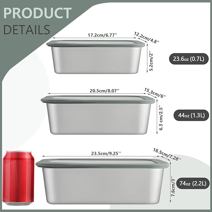 Greentainer Stainless Steel Food Storage Containers with Lids, Set of 3 (24+44+74 oz), Leak-Proof & Airtight Meal Prep Container, Nested Reusable Lunch Boxes for Sandwiches, Snacks & Leftovers - Image 2