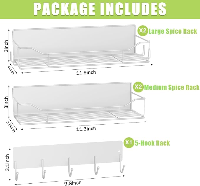 Magnetic Spice Rack for Refrigerator, 5 Pack Metal Strong Magnet Spice Organizer Shelves with Hook Rack, Space Saving Magnetic Fridge Shelf for Home Kitchen Organization and Storage (White) - Image 2