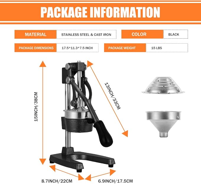Commercial Heavy Duty Cast Iron Hand Press Manual Orange Citrus Lemon Lime Grapefruit Pomegranate Fruit Juice Squeezer Machine with Stainless Steel Cup Black - Image 7