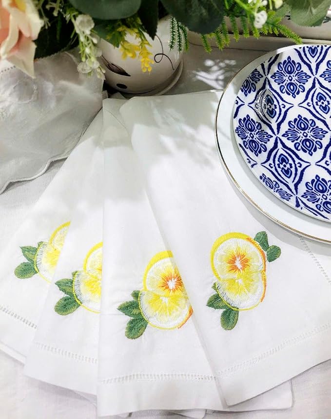 Embroidered Cloth Napkin Lemon Cotton Napkins Set of 6, 20x20 Hemstitch Table Napkins Machine Washable, Daily & Holidays, Great Present Ideas - Image 6