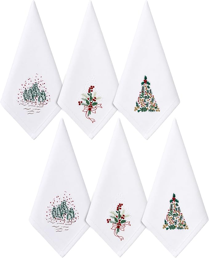 Cloth Tea Napkins Set of 6, Embroidered Cotton Napkins with French Knot Design, Reusable Table Napkins for Dinner, Tea Time, Coffee, Cocktail Settings, 16x16 Inches (Christmas) by EmbroideryLinenVN