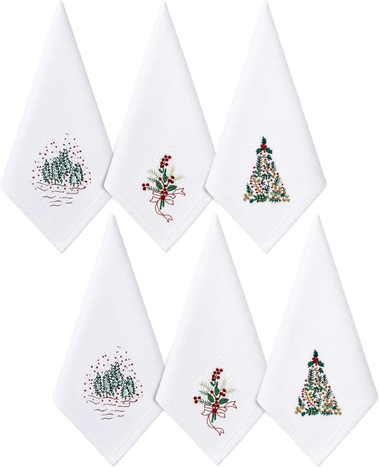 Cloth Tea Napkins Set of 6, Embroidered Cotton Napkins with French Knot Design, Reusable Table Napkins for Dinner, Tea Time, Coffee, Cocktail Settings, 16x16 Inches (Christmas) by EmbroideryLinenVN