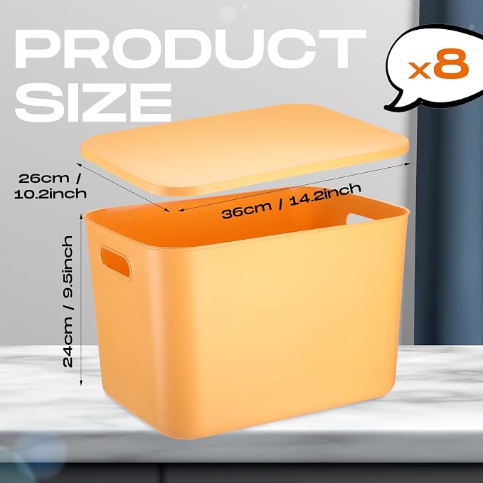 8 Pieces Colorful Storage Bins with Lid, Plastic Storage Basket Organizing Container Stackable Box with Handle for Shelves Desktop Playroom Office(14.2 x 10.2 x 9.5 Inch,Yellow) - Image 2