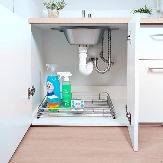 Cabinet Pull Out Shelves 14" W x 21" D, Chrome-Plated Steel | Heavy-Gauge Wire Kitchen Cabinet Organizer, 100 lbs Capacity, Ball-Bearing Glides, Min 15" Opening, Under Sink Organizer - Image 6