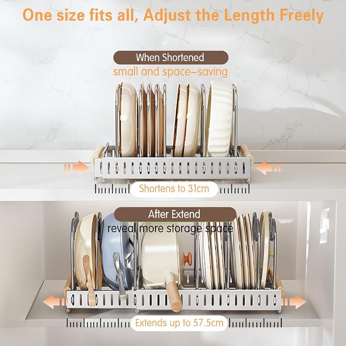 Expandable Pot and Pats Organizer for Cabinet 304 Stainless Steel, 10 Adjustable Dividers Expandable Cookware Rack for Cutting Boards Frying Bakeware, Expanded Size 22.64" Lx7.28 Wx7.68 H - Image 5