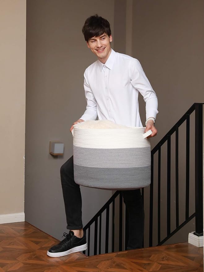 20x15 Inch Extra Large Round Cotton Rope Storage Basket with Lid, Decorative Woven Bin with Cover for Living Room Bedroom Closet, Light Grey & Grey - Image 7