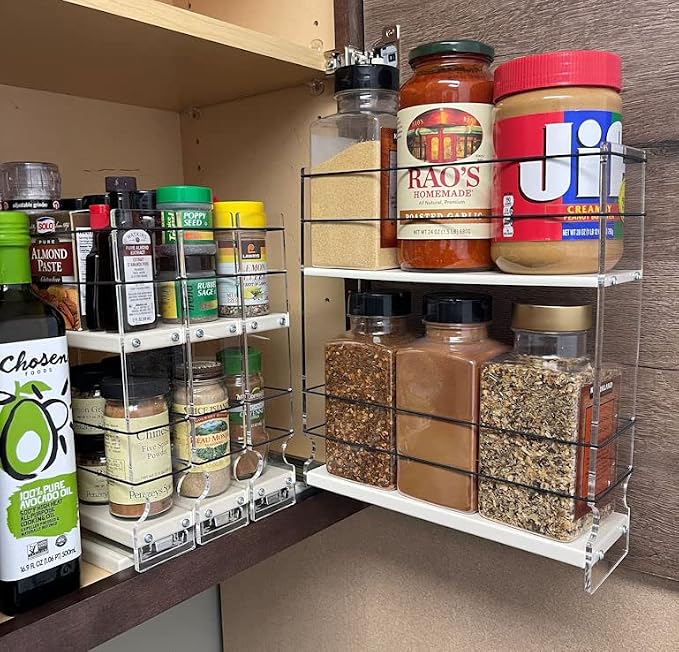 Sliding Spice Rack Organizer for Cabinets - Pull Out Shelves for Upper Kitchen Cabinets - Cabinet Organizer/Storage - 2 Tiers - 3.45" x 12.25" x 10.6" (Cream, Partially Assembled) - Image 8