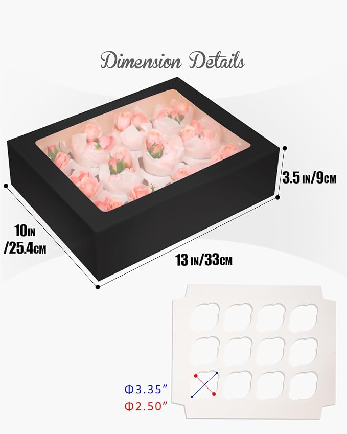 qiqee Auto-pop Up Cupcake Boxes with Window Black 40PCS 12 Count Cupcake Box 13"x10"x3.5" Cupcakes Carrier, 12 Cupcake Containers with 2 rolls of pink ribbons - Image 5
