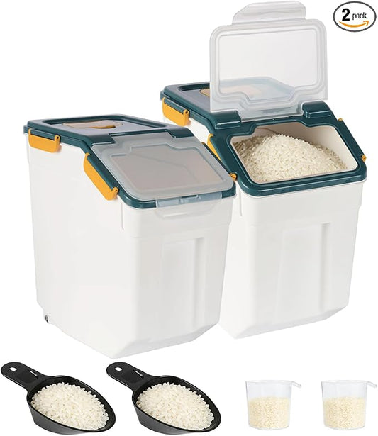 2 Pack Rice Container 25 lbs Large Bulk Flour Sugar Storage Holdhouse Plastic Grain Cereal Dry Goods Bin with Spoon and Measuring Cup for Kitchen Pantry Organization - Blue by MXCELL