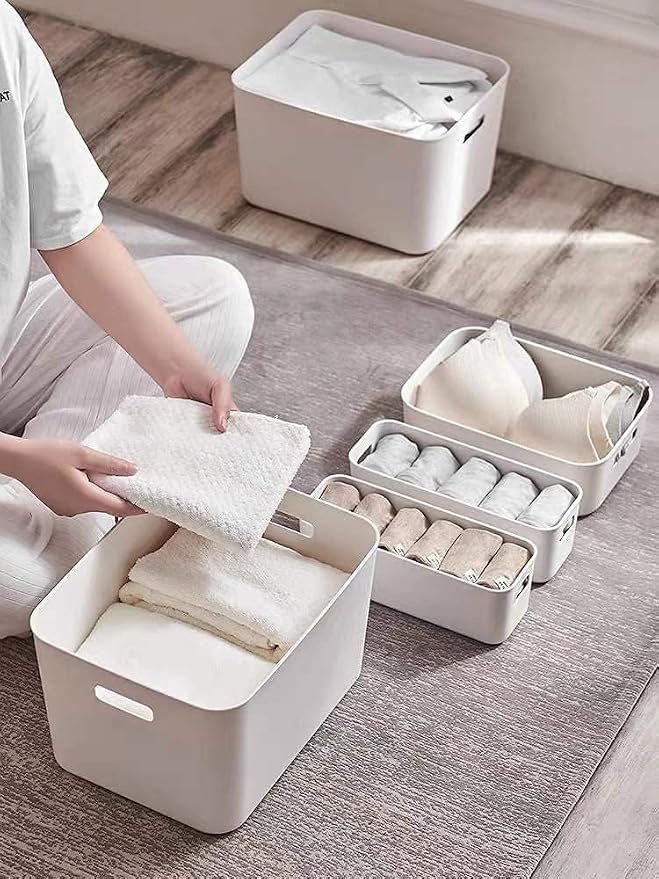 6 Piece Plastic Storage Baskets Boxes with Lids,14.4×10.2×11.8 Inch Stackable Organizing Bins with Handles,White Versatile Containers for Pantry,Bathroom,Closet Shelves Desktop (White, 4XXL+2XL) - Image 2