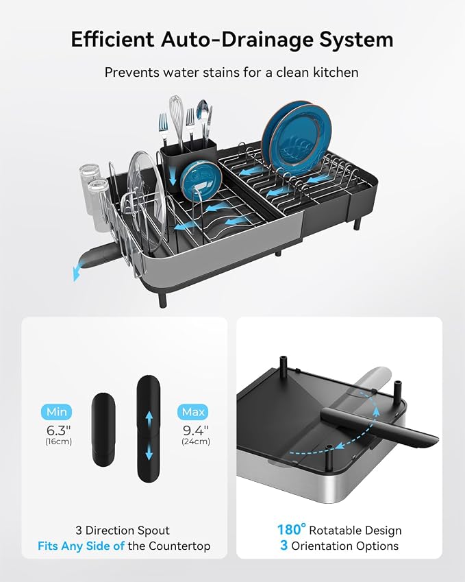 Expandable Dish Drying Rack, Versatile Brackets for Pots & Pans, Space Saving Kitchen Drying Rack, Dish Racks for Kitchen Counter, Stainless Steel Dish Drainers with Extendable Spout, Black - Image 4