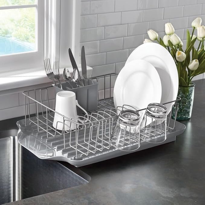 Farberware Classic 3-Piece Dish Drying Rack Set, Gray - Rust-Resistant Dish Rack for Kitchen Counter with Self-Draining Board and Flatware Caddy - Image 4