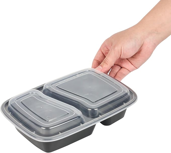 Asporto 32 Ounce Compartment Take Out Boxes, 50 Microwavable Meal Prep Containers - 2 Compartments, With Clear Plastic Lids, Black Plastic Food Containers, Do Not Contain BPA - Restaurantware - Image 9