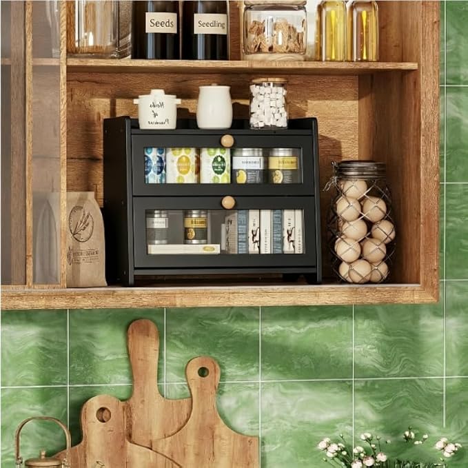 BAMBANG Bread Box for Kitchen Countertop, Extra Large Bamboo Bread Storage Container for Homemade Bread, Double Layer Breadox, Bread Bin Organizer for Counter Cabinet Pantry, Black - Image 8