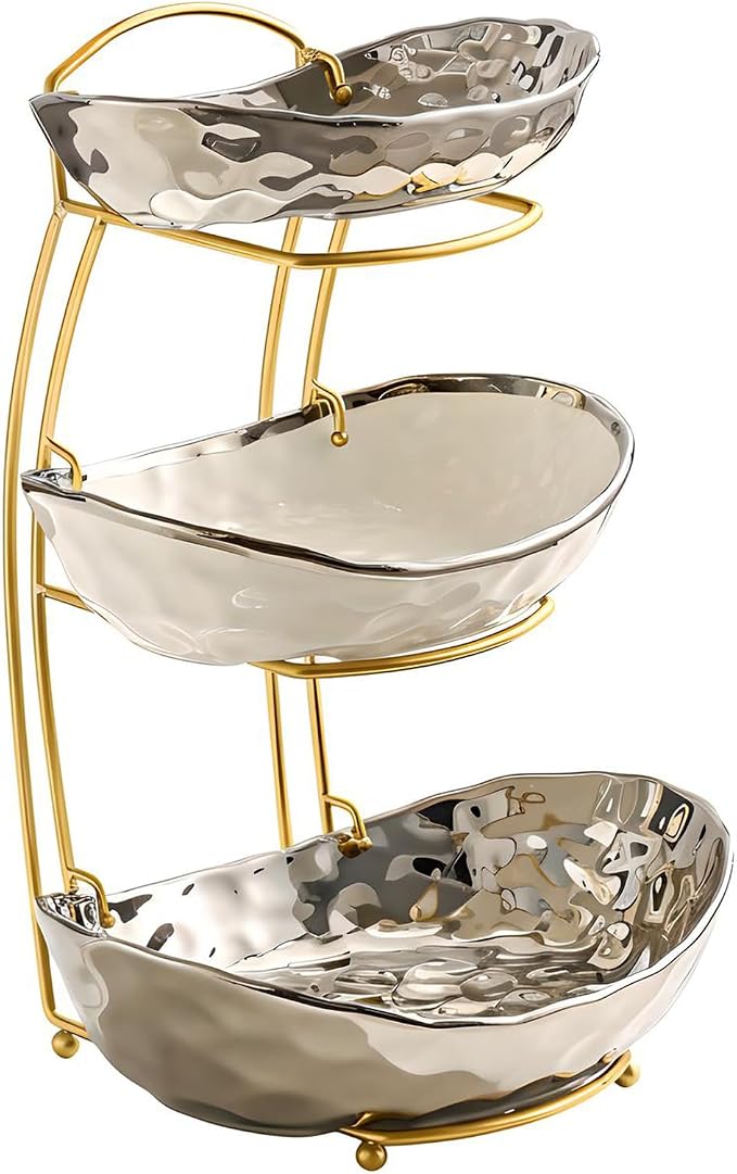 XUDREZ 2 Tier/ 3 Tier Fruit Bowl with Metal Stand for Kitchen Counter, Ceramic Gold Silver, Portable Tiered Fruit Basket Fruit Rack for Nuts, Snacks, Bread, Candy Storage (Silver, 3 Tier) by XUDREZ