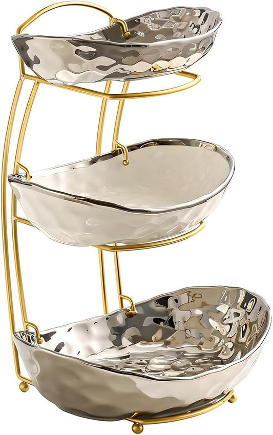 XUDREZ 2 Tier/ 3 Tier Fruit Bowl with Metal Stand for Kitchen Counter, Ceramic Gold Silver, Portable Tiered Fruit Basket Fruit Rack for Nuts, Snacks, Bread, Candy Storage (Silver, 3 Tier) by XUDREZ