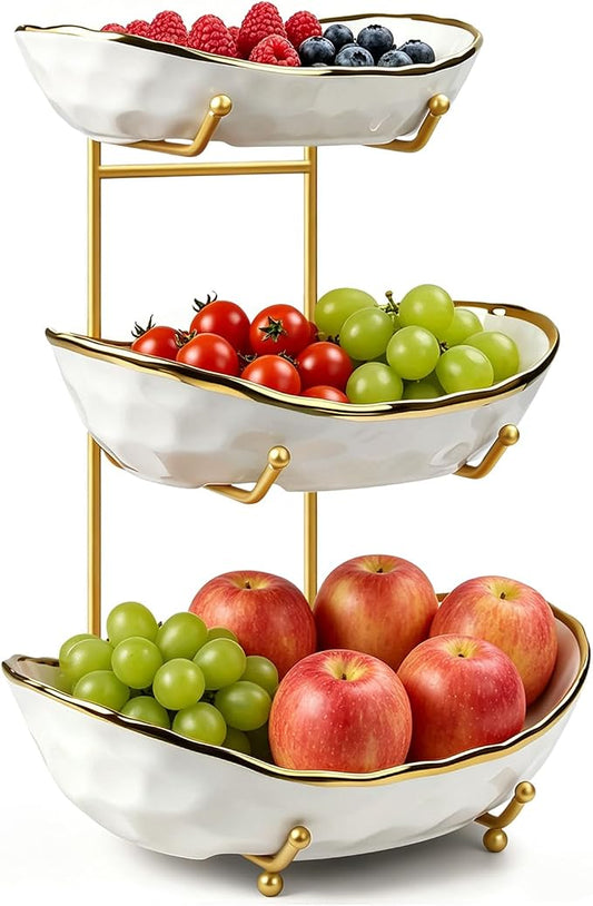 Fruit Bowl for Kitchen Counter - 3 Tier Ceramic Fruit Rack, Fruit Basket for Fresh Fruit&Veggies, Tiered Fruit Platter Serving Trays for Party by YUNLINLI