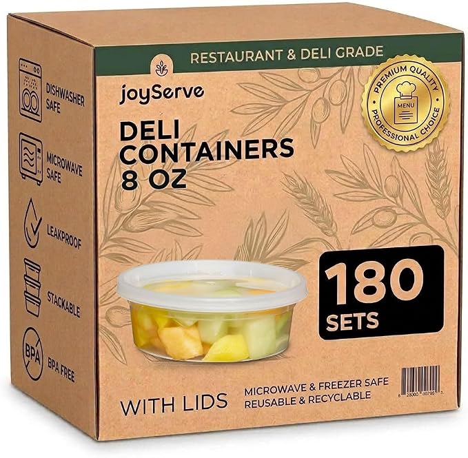Deli Food Containers with Lids - 8 oz 180 Sets- Ideal for Food, Snacks, Takeout, Meal Prep - 1 Cup Small Durable Clear Containers for Food - Stackable and Durable, Dishwasher & Microwave Safe by JoyServe