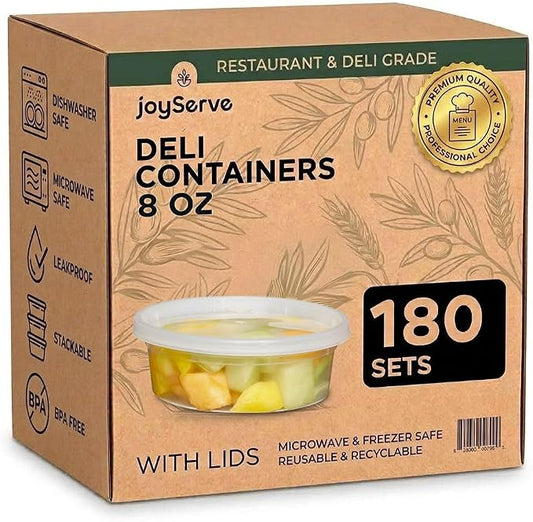Deli Food Containers with Lids - 8 oz 180 Sets- Ideal for Food, Snacks, Takeout, Meal Prep - 1 Cup Small Durable Clear Containers for Food - Stackable and Durable, Dishwasher & Microwave Safe by JoyServe