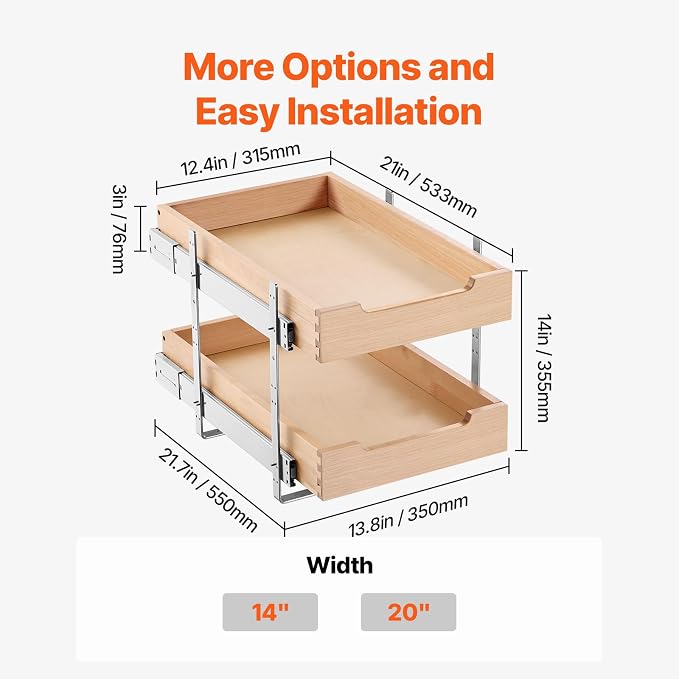 VEVOR 2 Tier Pull Out Cabinet Organizer, 14" W x 21" D Cabinet Drawer, Soft Close Slide out Shelf, Heavy-Duty Sliding Wood Drawer, Adjustable Base Cabinet Organization for Kitchen Pantry Bathroom - Image 7