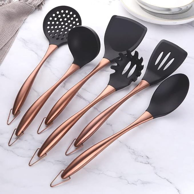 Silicone Cooking Utensil Set, 6 pcs Silicone Cooking Kitchen Utensils Set, Non-stick Kitchen Cookware Titanium Stainless Steel Handle with Utensil Holder, Spatula Set for Cooking -Rose Gold - Image 4