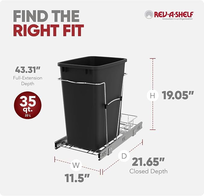 Rev-A-Shelf Pullout Trash Can for Kitchen Cabinets, Black Waste Bin, 35 Qt | Large Capacity Garbage/ Recycling Waste Container, Heavy Gauge Metal Wire Construction w/Full Extension Slides, RV-12KD-18C S - Image 3