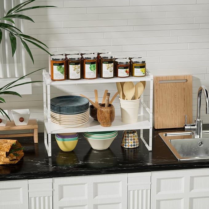 Slideep Expandable Counter Organizer Shelf, Stackable Cabinet Shelves Organizer Storage Rack Cupboard Stand Spice Rack for Kitchen Bathroom Pantry White -2 Set - Image 4