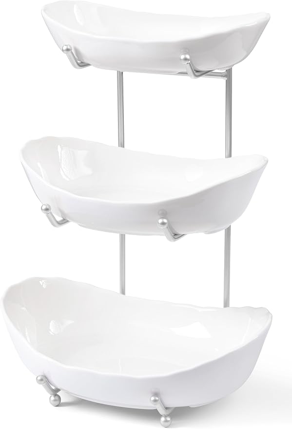 HBlife Fruit Bowl for Kitchen Counter - 3 Tier Ceramic Fruit Bowl Holder with Metal Stand, Tiered Fruit Basket for Fruit and Vegetable Storage, Serving Trays for Party by HBlife