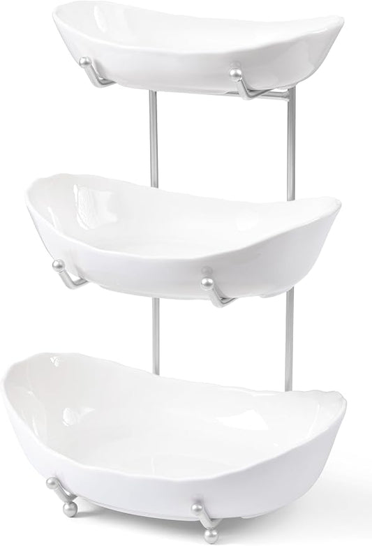 HBlife Fruit Bowl for Kitchen Counter - 3 Tier Ceramic Fruit Bowl Holder with Metal Stand, Tiered Fruit Basket for Fruit and Vegetable Storage, Serving Trays for Party by HBlife