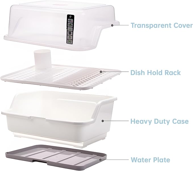 Tomorotec Medium Size Dish Drying Rack & Drain Board with Lid Cover, White | Kitchen Counter Drainer with Dust-Proof Clear Cover, Detachable Design with Utensil Holder, Plate Cup Tray Cutlery Drainer - Image 4