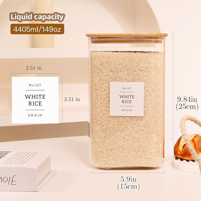 2 Pack large Square Glass Flour and Sugar Containers with 132 Kitchen Pantry Labels - Thicken 149 floz Glass Storage Jars with Airtight Bamboo Lid - Big Rice Canisters for Coffee, Pasta, Cereal - Image 3