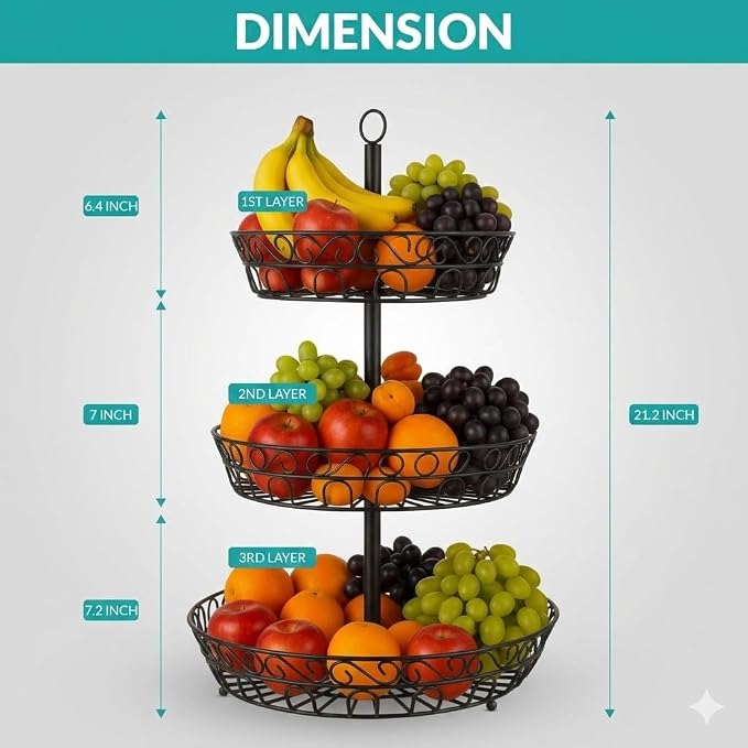 3-Tier Fruit Basket for Kitchen Counter, Stackable Metal Fruit & Vegetable Holder - Image 2