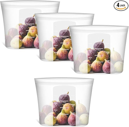 Small Reusable Silicone Food Storage Bags 4 Pack, 33fl oz/1000ml, 100% Silicone Stand-Up Wide-Open Zip-Lock Reusable Bags for Small Items, Microwave Freezer Oven Dishwasher Safe, Translucent by SiliseaDirect