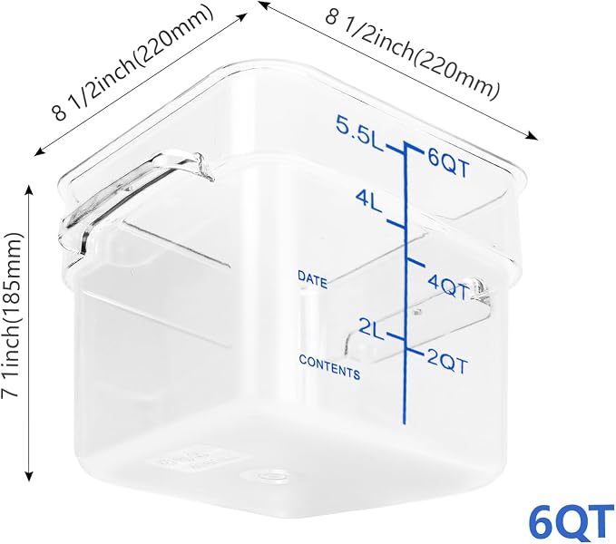 4 Pack Food Storage Containers with Blue Lids, 6.0 Qt - Square, Clear, Polycarbonate, for Restaurant Commercial Kitchen and Home party - Image 2