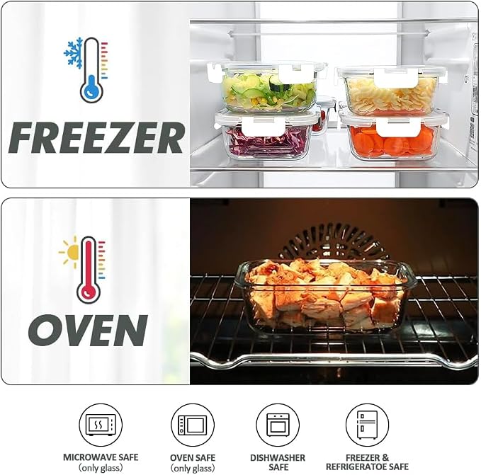 VERONES 12 Packs Glass Food Storage Containers Set with Lids, White | Airtight Glass Lunch Containers, Glass Meal Prep Containers with Lids, for Microwave, Oven, Freezer & Dishwasher Friendly - Image 4