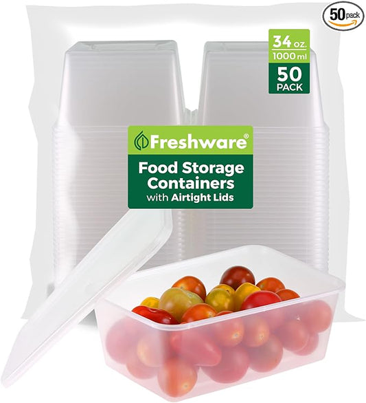 Freshware Food Storage Containers [50 Set] 34 oz Plastic Deli Containers with Lids, Slime, Soup, Meal Prep Containers, BPA Free, Stackable, Leakproof, Microwave, Dishwasher and Freezer Safe by Freshware
