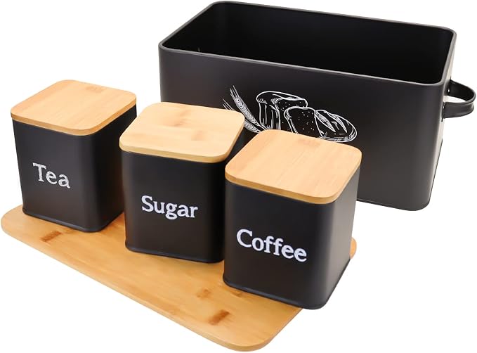 SOTECH Bread Box with 3pcs Jars Coffee Sugar Tea for Kitchen Countertop White Metal Bread Box with Bamboo Board Cover Pastry Storage Container Set Kitchen decor (Bread box-1) - Image 8