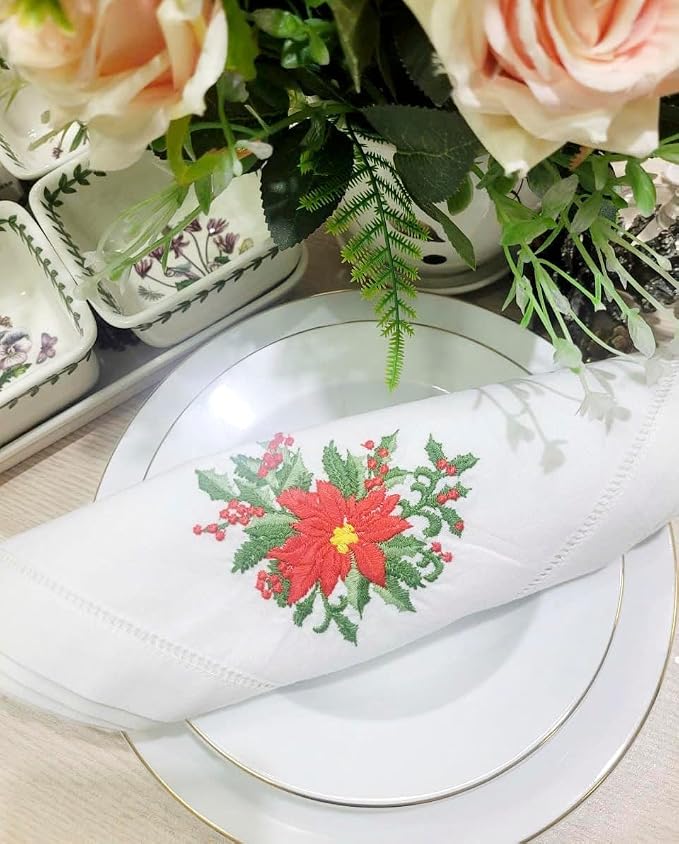 Embroidered Cloth Napkin Red Poinsettia and Berry Christmas Cotton Napkins Set of 6, 20 x 20 Hemstitch Table Napkins Machine Washable, Daily & Holidays, Great Gift Ideas - Image 3