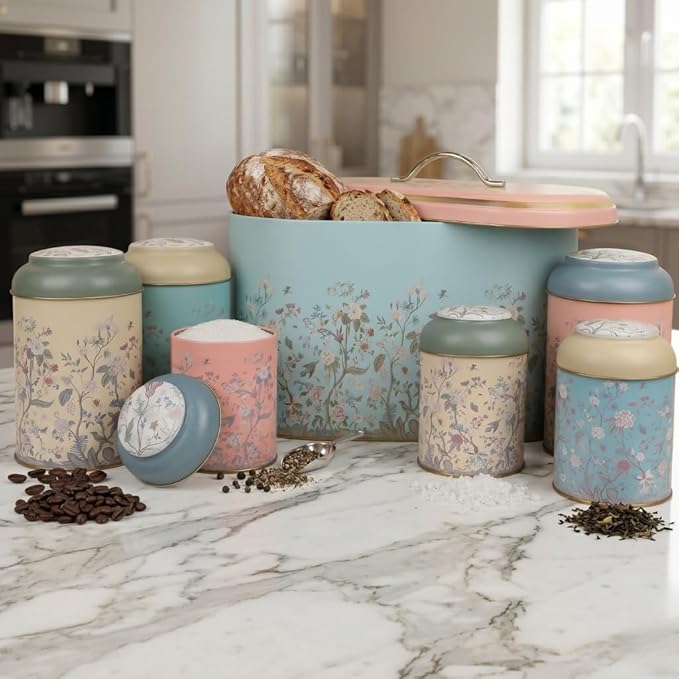 MARIA ROMA 7 Pcs Bread Box Set for Kitchen Countertop and Canisters Sets for the Kitchen Ideal for Bread Basket Sugar Container Coffee Canister Tea Tin Breadbox Vintage and Rustic Model - Image 5