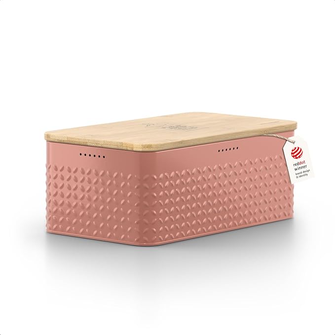 LARS NYSØM Bread Box I Metal Box for long lasting freshness I Bread Bin with bamboo lid usable as cutting board I 13.4x7.7x5.3In (Brick Red) by LN