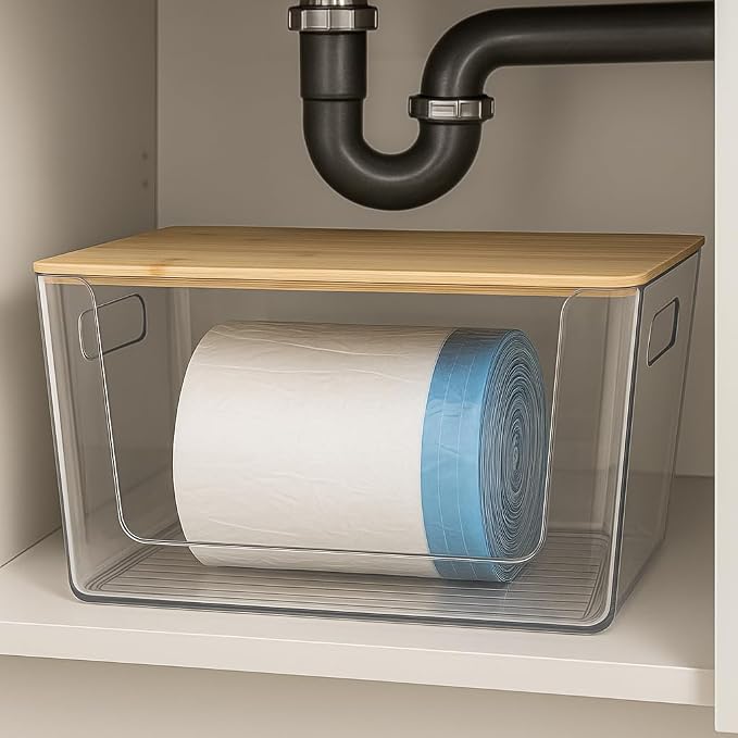 CiWiVOKi 6 Pack Clear Stackable Storage Bins with Bamboo Lids, Trash Bag Holder Dispenser Under Sink Organizer for 4-13 Gal Bags, Plastic Storage Containers for Pantry Bathroom Kitchen Organization - Image 7