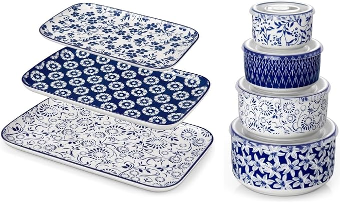 vancasso Serving Platters Set of 3, 16"/14"/12" Inch Rectangular Trays + Ceramic Mixing Bowls with Lids Set of 4,Ceramic Serving Bowls,Nesting Bowls for Food Storage by vancasso