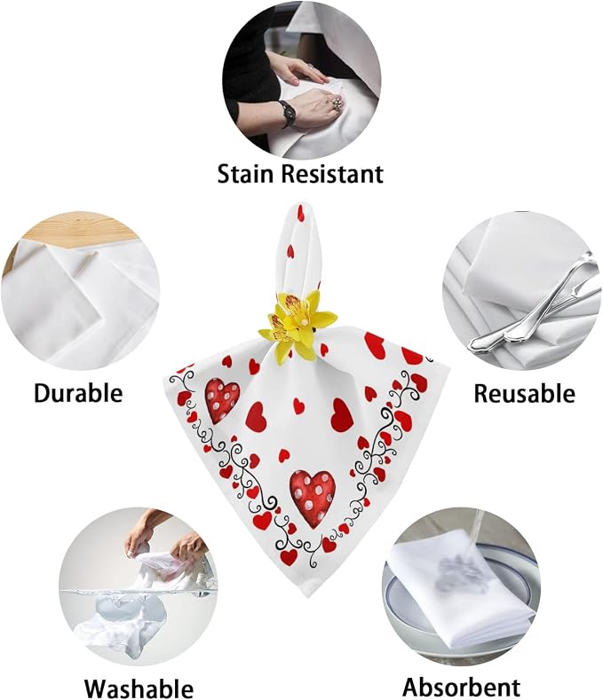 Valentines Cloth Napkins Set of 4, Red Love Heart Polka Dot Black Lace Dinner Napkins Cloth Washable, Cocktail Napkins Reusable for Wedding, Party, Birthday (20"x20") - Image 6