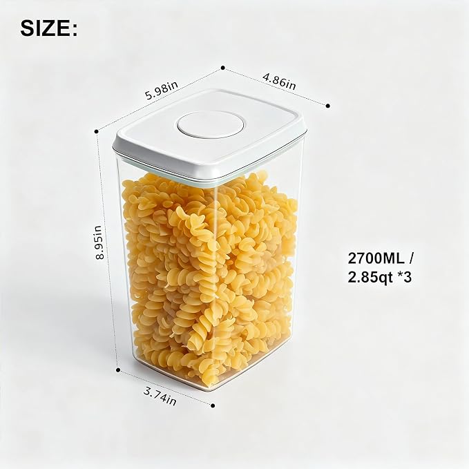 Pop Containers with Lids Stackable Food Storage Containers 3pc | Airtight Kitchen Pantry Organizers for Snack Candy Salt Herb Spices Pasta Cereal Flour Sugar BPA-Free 2700ml/2.85qt *3 - Image 2