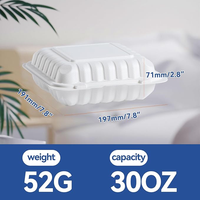 7.8" 30oz 3 Compartment Food Containers - Shrink Wrap Ready to Use | 65 Pack Mineral Filled PP Clamshell | BPA Free Freezer Microwave Safe | Reusable White Lunch Box for Leftovers, Take Out - Image 4