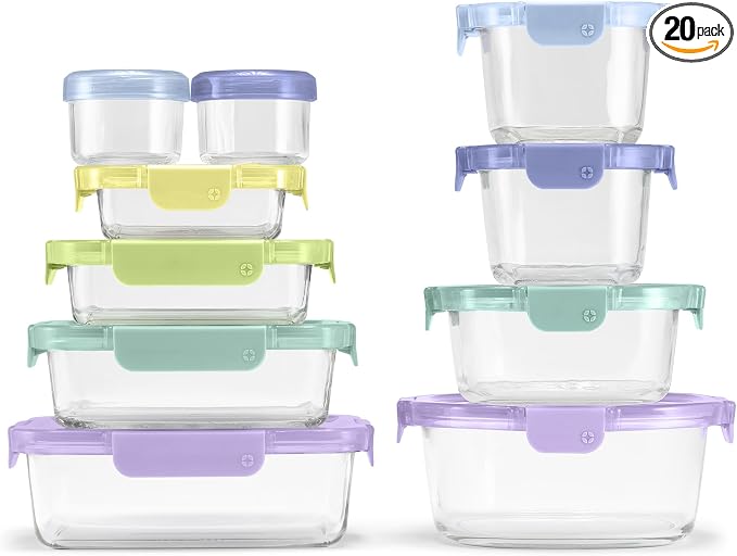 Ello Color Lock Glass Meal Prep Sets Leak-Proof Glass Food Storage Containers with Airtight BPA-Free Plastic Lids, Dishwasher, Microwave, and Freezer Safe by Ello