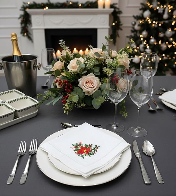 Embroidered Cloth Napkin Red Poinsettia and Berry Christmas Cotton Napkins Set of 6, 20 x 20 Hemstitch Table Napkins Machine Washable, Daily & Holidays, Great Gift Ideas - Image 2