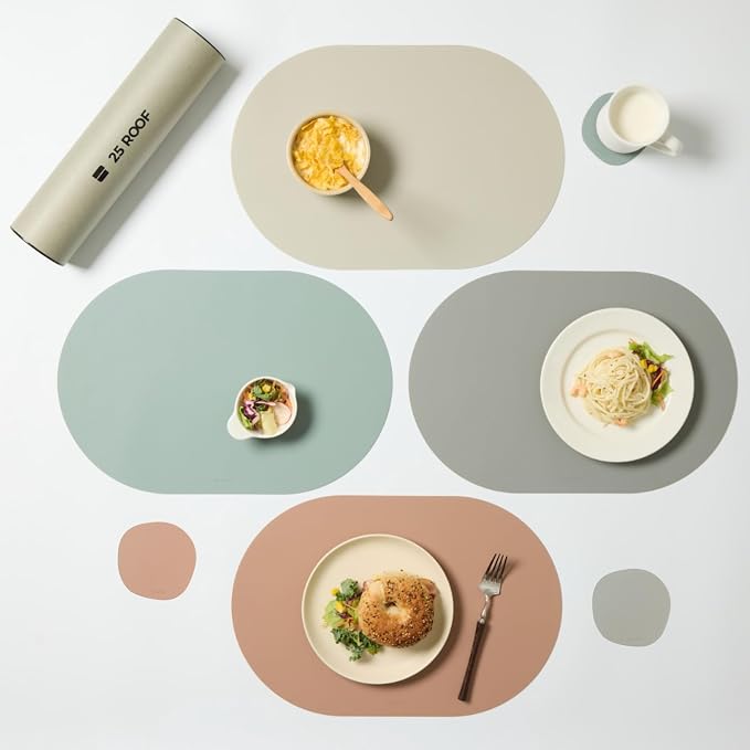 Matt Oval Silicone Placemats Set of 4 with Matching Coasters – Heat Resistant, Waterproof, Easy to Clean Non-Slip Modern Dining Table Mats – Premium Leather Textured Japandi Kitchen Decor by Unknown
